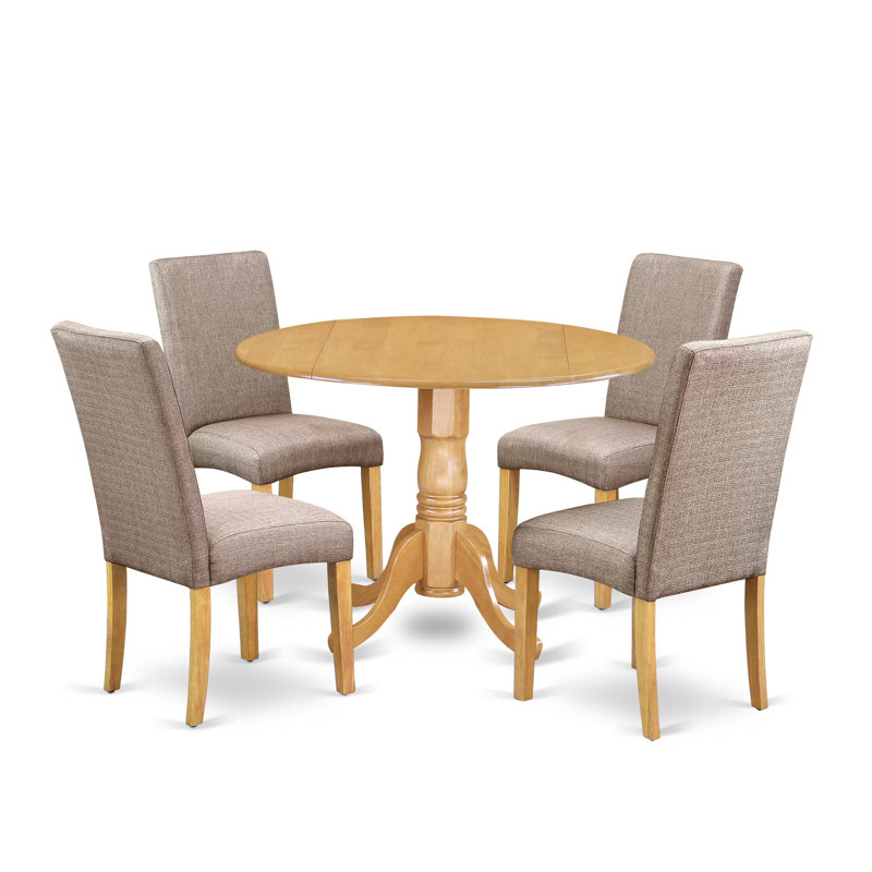 L'ensemble de table de cuisine 5 pièces comprend une table de salle à manger ronde avec Dropleaf et 4 chaises de salle à manger Parson en tissu kaki foncé, chêne