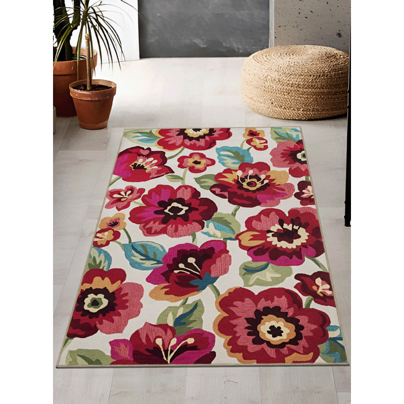 Red Rose Patterned Multi-Colored Modern Decorative Rug, Rectangle 4'11.06" x 7'6.55"