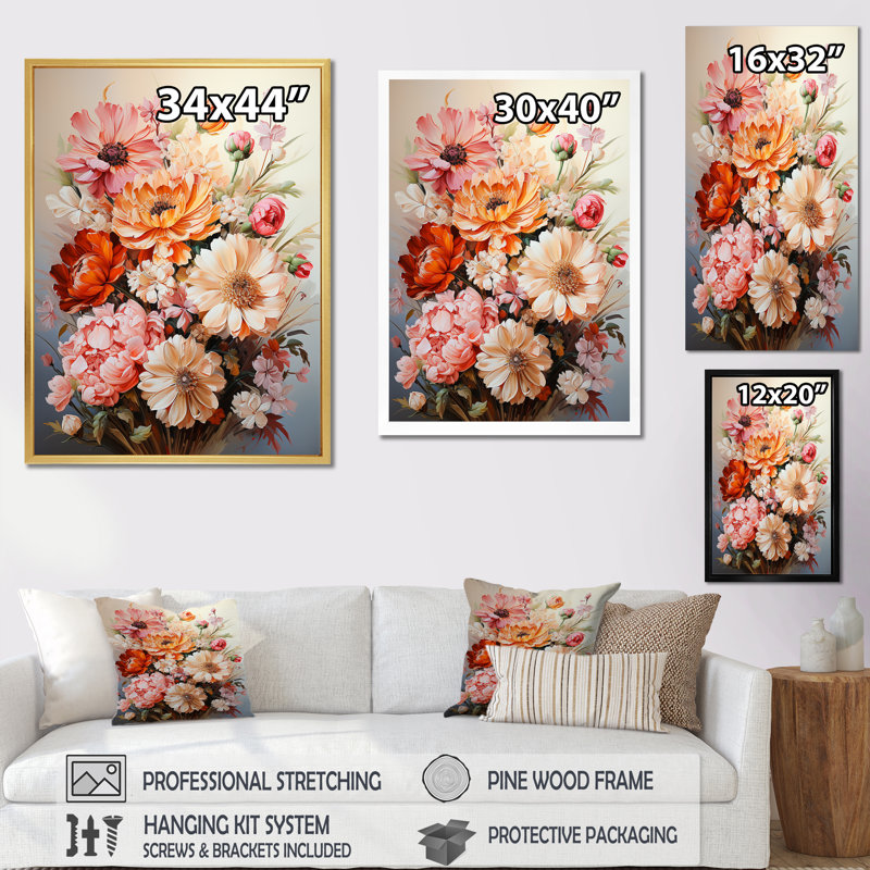 Fleurs saisonnières, coucher de soleil sur toile, Cadre flottant blanc, H 32 po x l 24 po x P 1 po