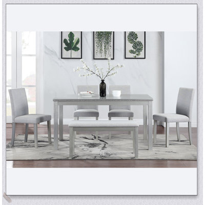 Ensemble de table de salle à manger 6 pièces en bois avec chaises rembourrées et banc, idéal pour les réunions de famille et les expériences culinaires élégantes