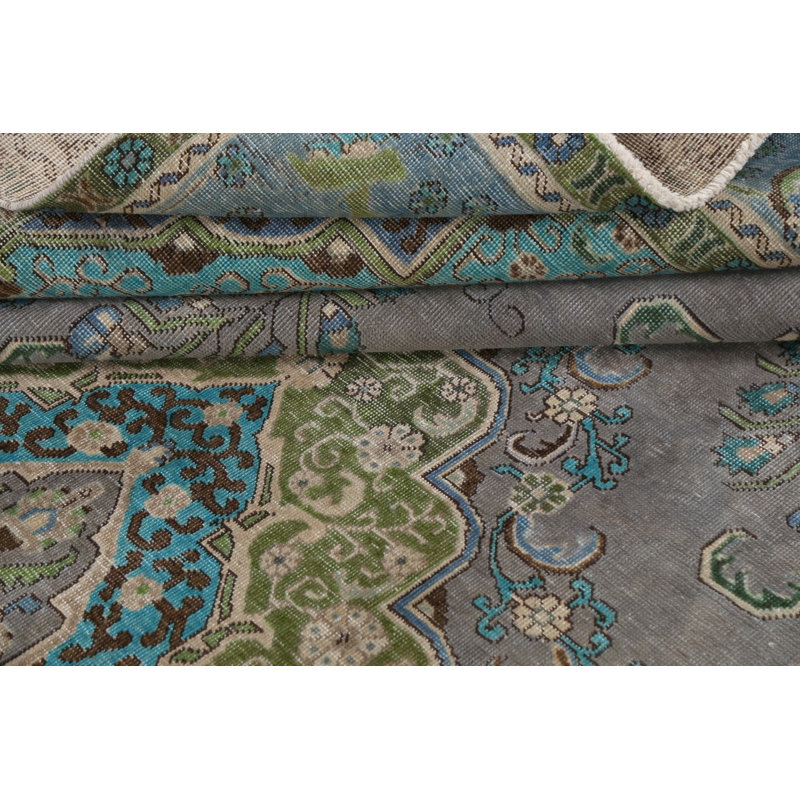 Tapis gris en laine noué à la main de conception unique 9 pi 4 po x 12 pi 7 po
