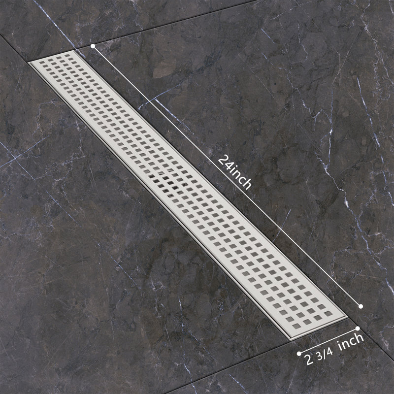 Long Rectangular Linear Shower Drain With Square Pattern Drain Cover And Hair Catcher,Stainless Steel,Brushed Nickel