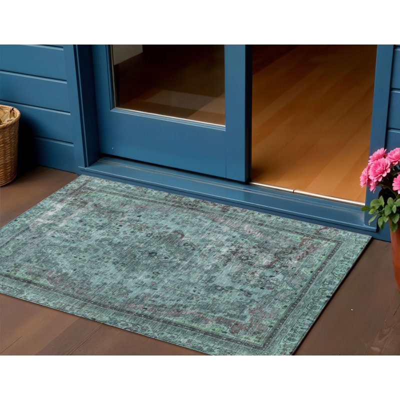 Tapis intérieur / extérieur 3 pi x 5 pi bleu et turquoise lavable Medallion