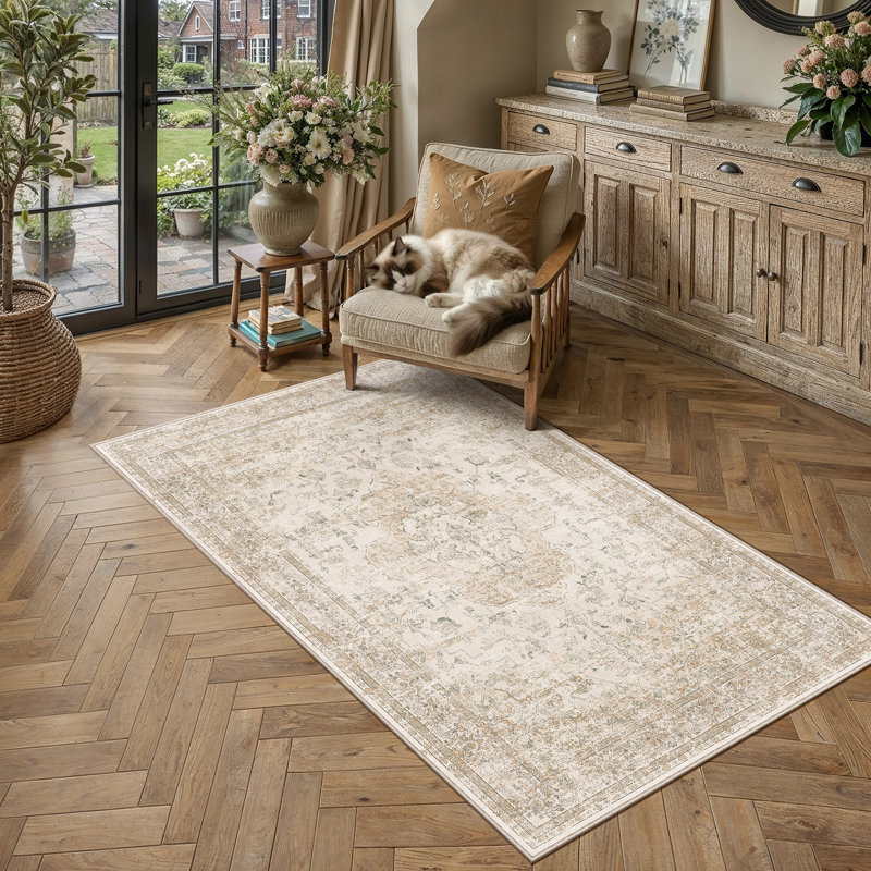 Tapis lavable à la machine avec envers antidérapant Asteria, Beige, Rectangulaire 3 pi x 5 pi