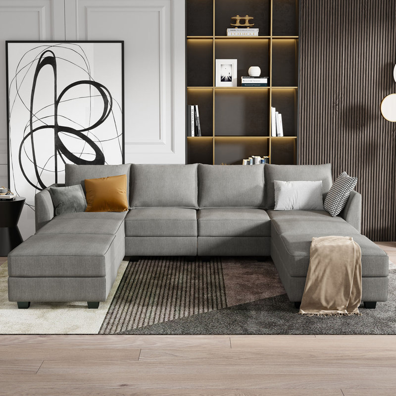 U shaped Sleeper Sectional Modular Sectional Sofa with Chaise, Gray Polyester
