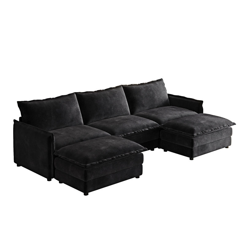 Upholstered Sofa Couch With Ottomans, Black