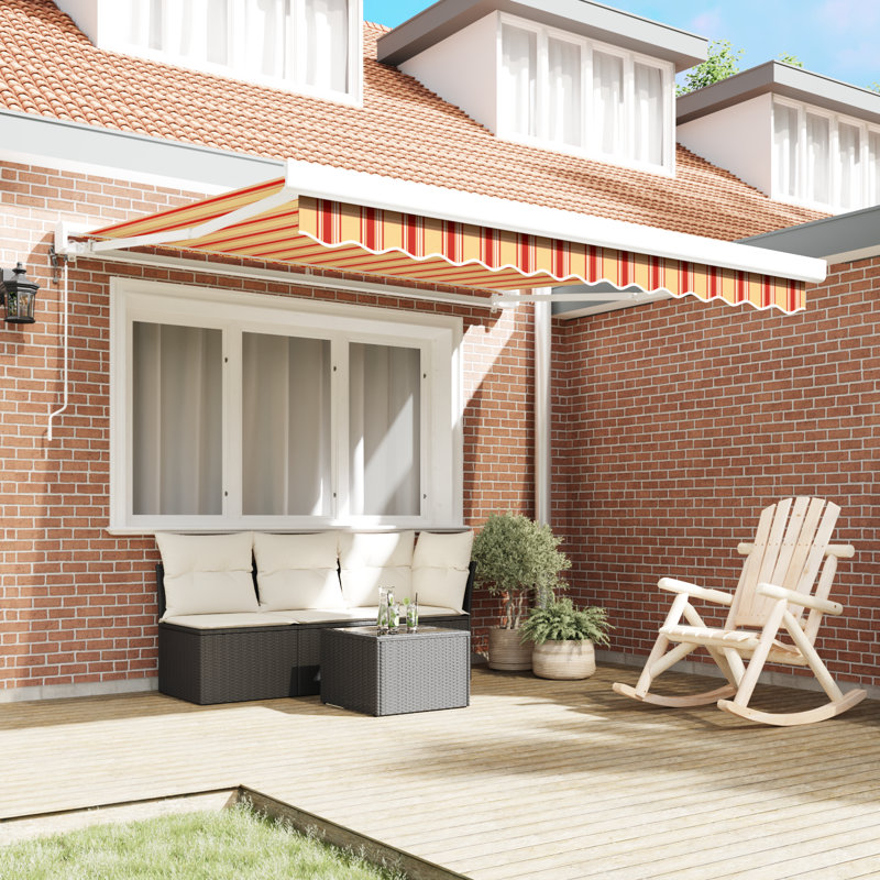 Ebern Designs Polyester Cover Retractable Patio Awning, 350 cm W x 250 cm D, Yellow/Orange Striped
