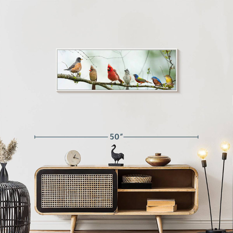 Rassemblement d'oiseaux, 37 po x 13 po, Cadre flottant blanc