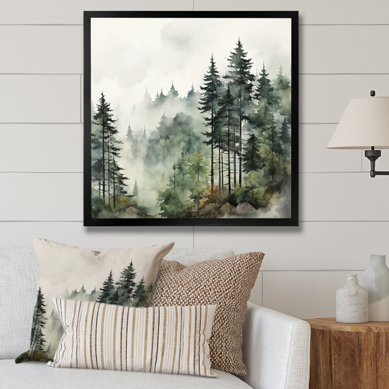 «Forest Pine Tree Misty Morning I», reproduction d'art sur toile, forêt pin, H 30 po x l 30 po, Noir, Picture Framed