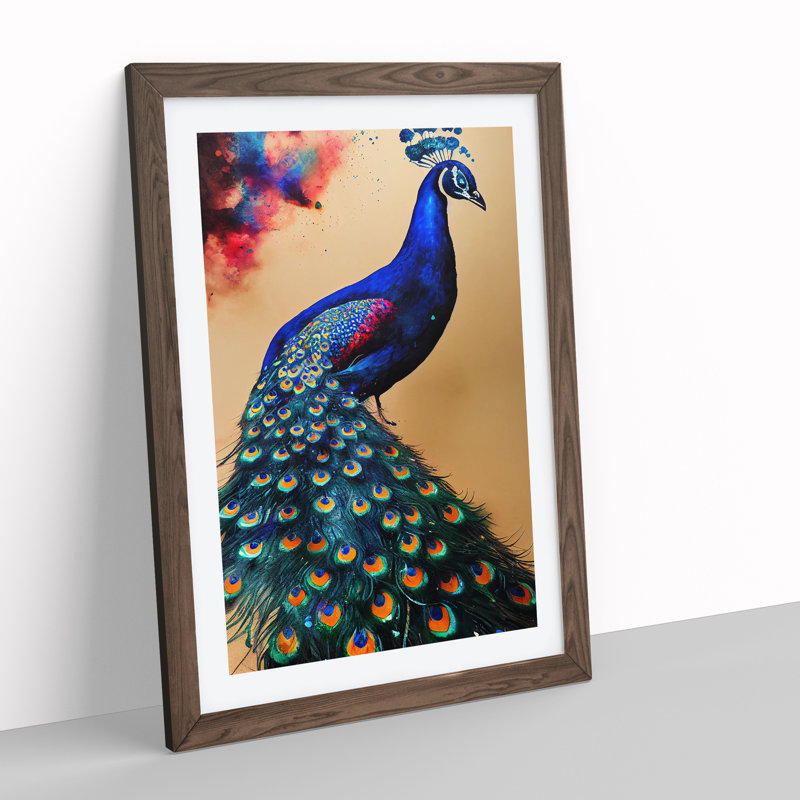 Vivid Peacock - Single Picture Frame Painting, 64cm H x 46cm W x 2cm D, Walnut Framed