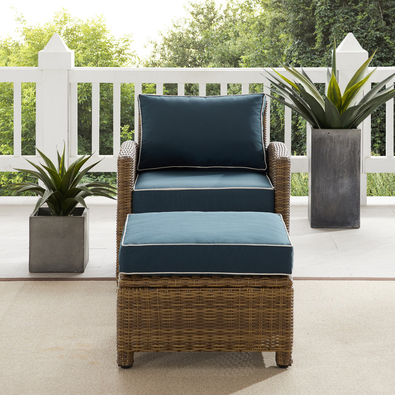 Wicker Outdoor Lounge Chair with Ottoman, Navy, Brown