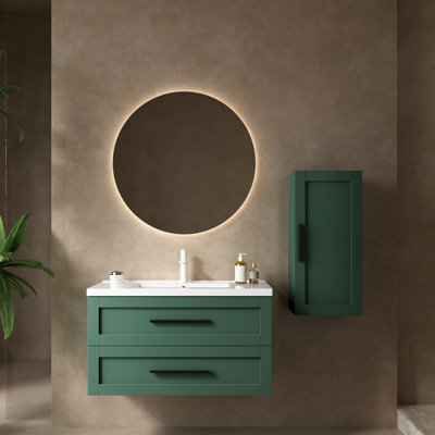 Meuble-lavabo de 36 po avec lavabo, armoire moderne, lavabo en céramique blanche et 2 tiroirs, lueur, grand bassin flottant, rangement à tiroirs, fermeture silencieuse, installation facile,