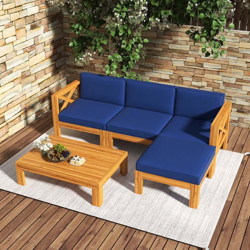 Ensemble de conversation pour canapé d'extérieur 5 pièces avec coussins Sectiona, Coussin bleu / cadre naturel