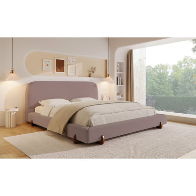 Pink King Bed Frame With Velvet Upholstery, 4 - Inch Thick Bed, Brown Rubber Wood Legs, Stable And Stylish Design For Bedroom Sides, Elegant