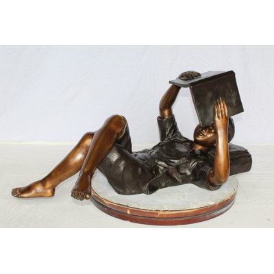 Nifao Bronze Boy Reading Statue – Large Handcrafted Lost Wax Sculpture of Young Boy Lying Back with Book – Detailed Child Figurine for Study, Library, Garden, or Home Déco 41" x 22" x 18"H