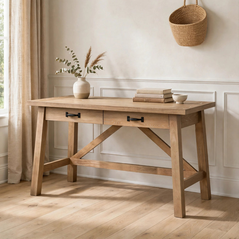 Pablo 54 Inch Desk with 2 Drawers, Angled Legs, Distressed Brown Wood