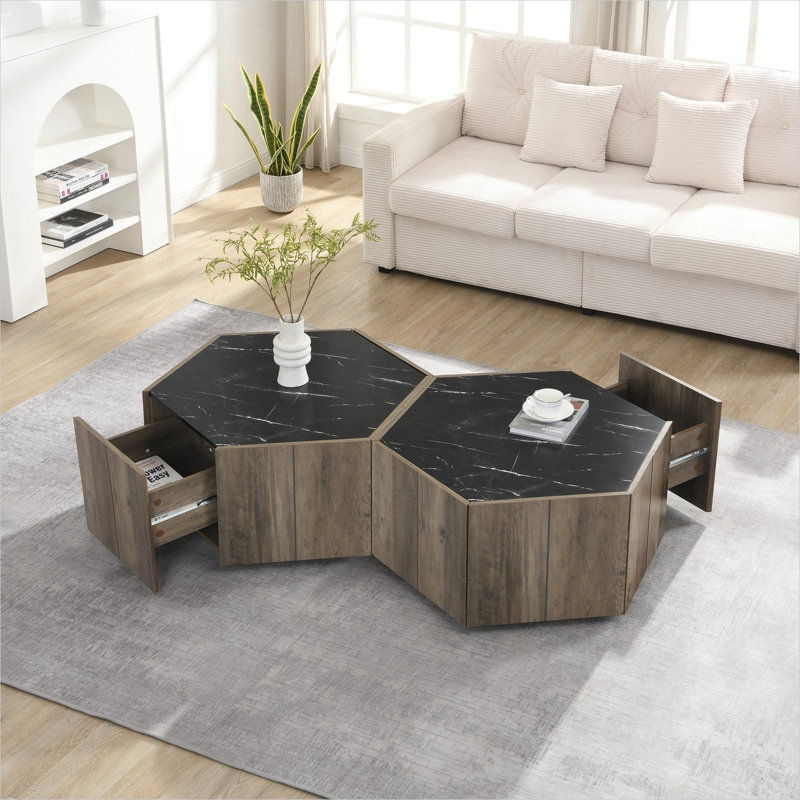 Table basse avec tiroirs dissimulés, panneau de fibres à densité moyenne noir mat et finition chêne brun clair, forme hexagonale pour le salon et les espaces de réception
