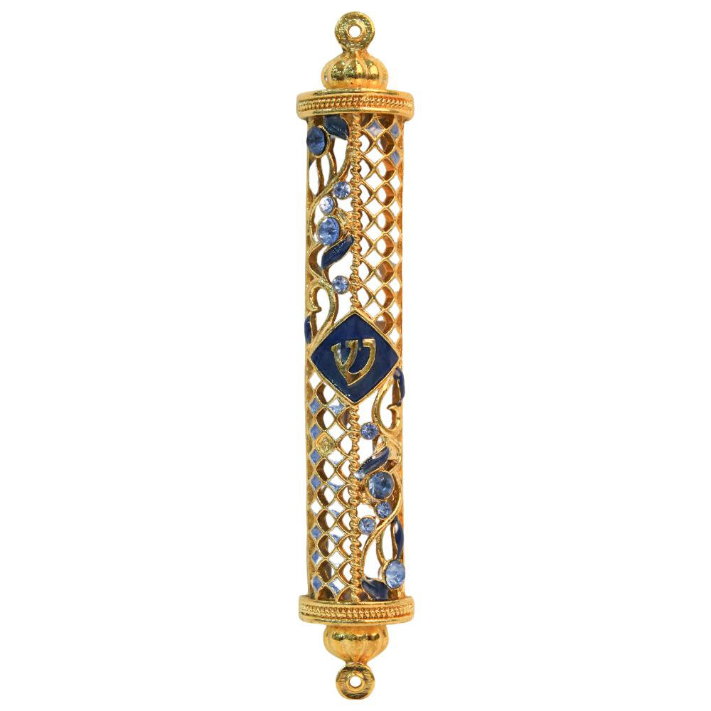 Hand-Painted Enamel Mezuzah - Blue & Green Jerusalem City Design With Gold Accents & Crystals