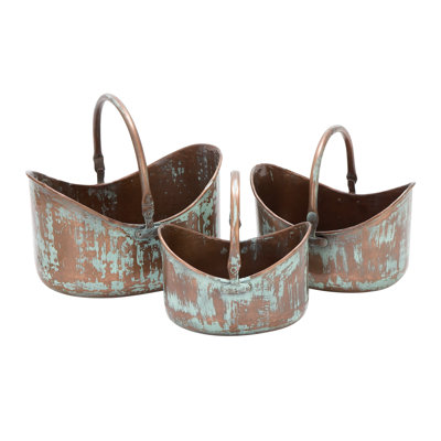 Scuderi 3 Piece Metal Patina Tulip Style Bucket Copper Indoor Outdoor Planter with Stationary Handles Set