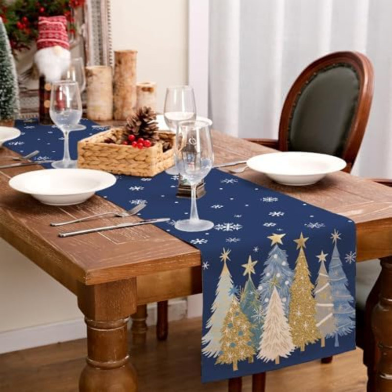 Chemin de table de Noël 13 x 60 pouces, sapins de Noël et flocons de neige, décoration de table champêtre pour la cuisine et la salle à manger, décoration pour dîner à l'intérieur ou à l'extérieur (bleu)