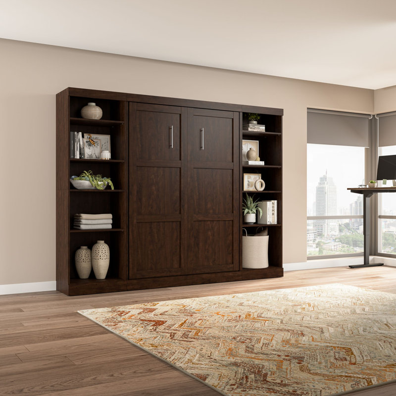 Arlex Murphy Bed and 2 Shelving Units, 115-inch Space-Saving Wall Bed with Storage, Chocolate, Full / Double