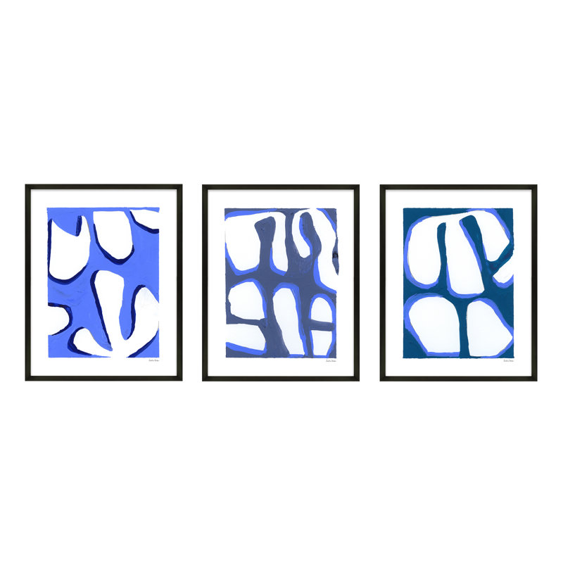 Contemporary Blues Trio 2. Set Of 3 Painting by Andrea Stokes, 38" H x 30" W x 1.25" D, Black Wood