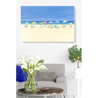 Journée à la plage, peint, rétro, ombelles, bleu, océan, sans, brun clair, jaune, rouge