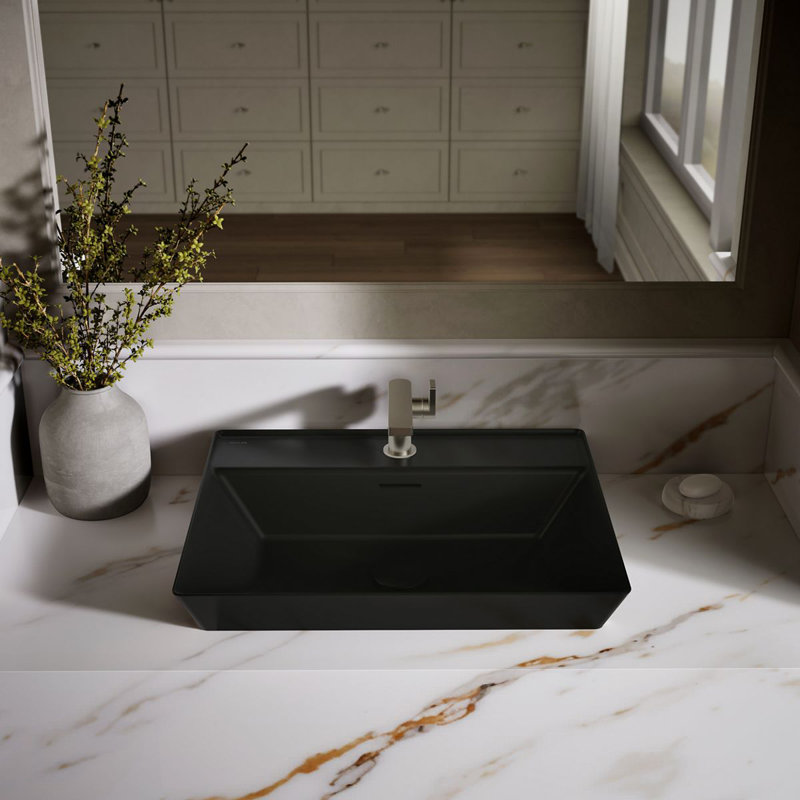 Brazn Rectangle Vessel Bathroom Sink, White, Honed Black, Single