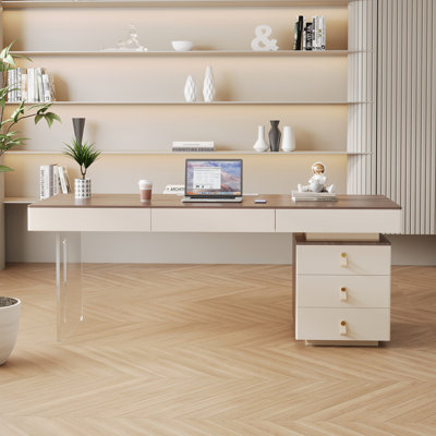 Bureau de direction avec armoire à 3 tiroirs et plateau en acrylique à 3 tiroirs avec finition grain de bois