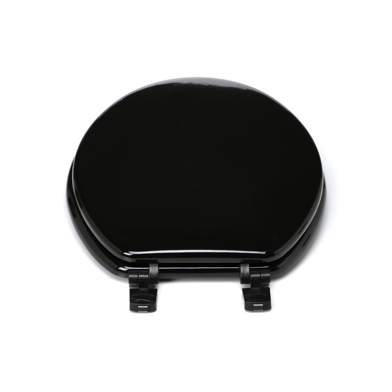 Solid Black Wood Round Toilet Seat with Non-Slip Bumpers