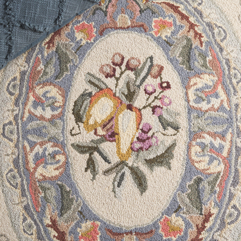 Blue Floral Hand-Hooked Wool Area Rug 5'3" x 8'3"