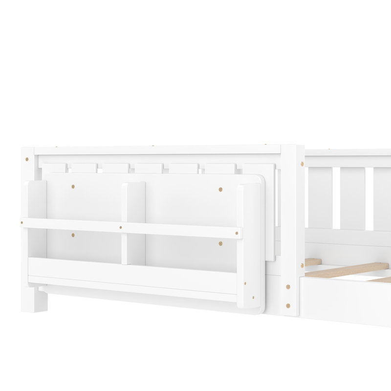 Twin bed with built-in bookshelf and high-quality safety guardrail,White, Twin, White