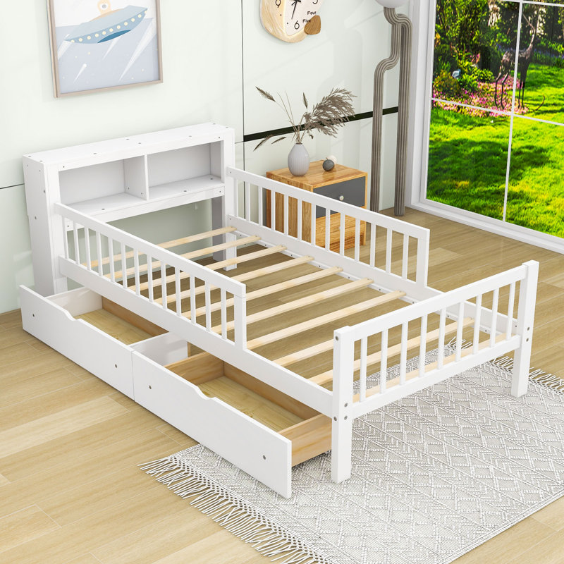 Lit plateforme simple en bois avec tiroirs de rangement, tablettes et tête de lit, Blanc