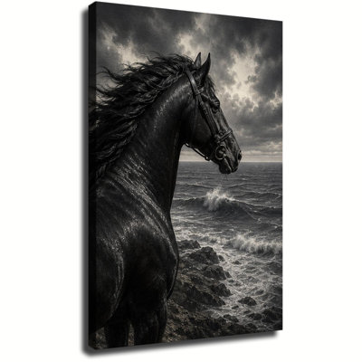 Profil latéral d'un étalon noir brillant debout sur un rivage rocheux, près des vagues déferlantes de l'océan - Tableau sur toile