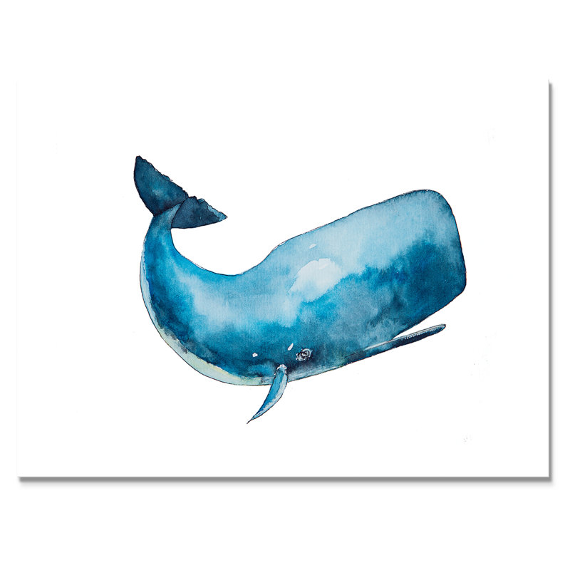 Baleine bleue sur fond blanc I - Peinture sur toile, H 34 po x l 44 po x P 1,5 po, Toile tendue