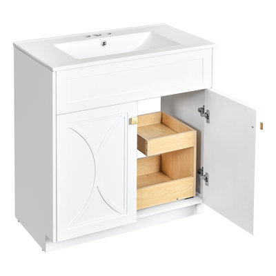 Meuble-lavabo autoportant de 30 po avec lavabo en céramique. Design moderne, matériaux, espace généreux, armoire de rangement à portes d'aspect. Cadre solide, élégant