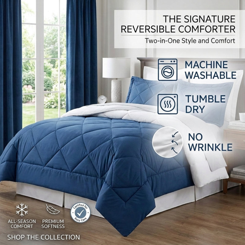 11513 Box Stitch Comforter, Twin Comforter + 1 Sham, Blue