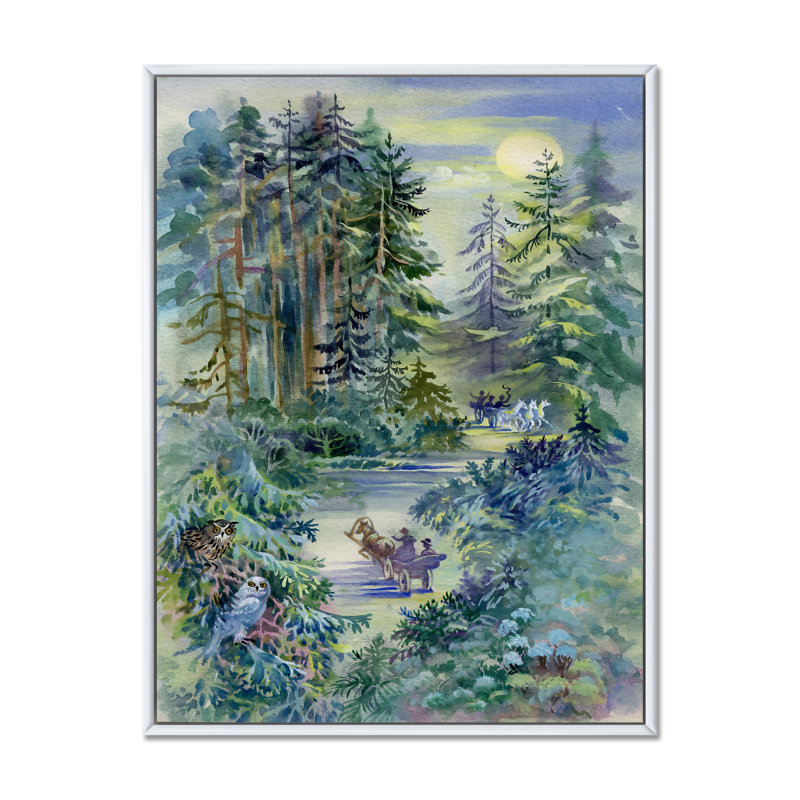 Forêt grunge la nuit - Peinture, H 12 po x l 8 po x P 1 po, Cadre flottant blanc
