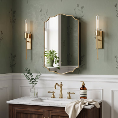 24" x 16" Vintage Scalloped Arched Bathroom Medicine Cabinet with Mirror, Decorative Wall Mounted Storage Cabinet with Adjustable Shelves, Recessed or Surface Mount