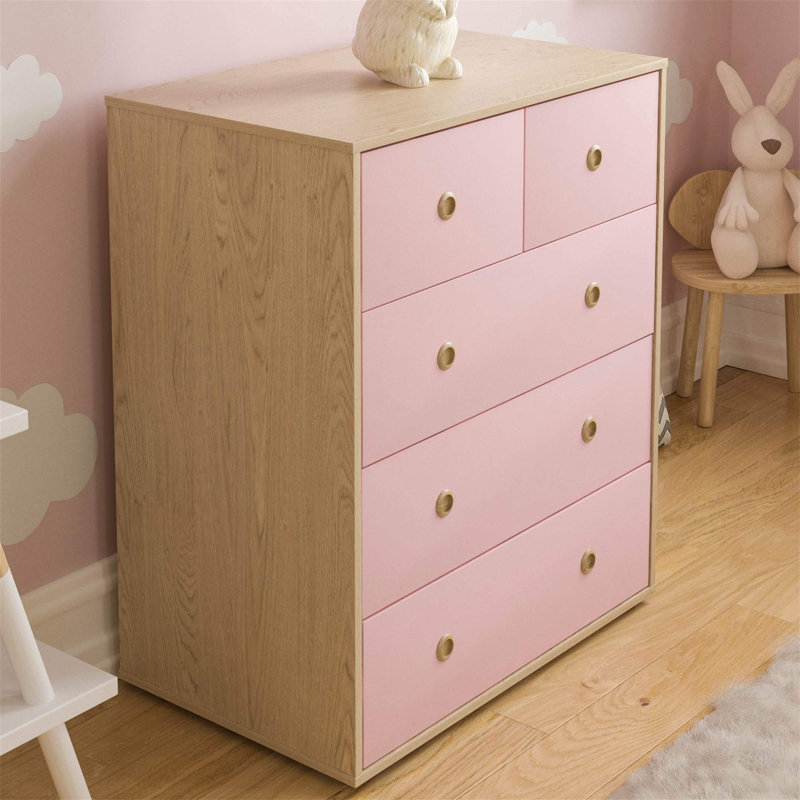 Kayshia 5 Drawer Chest, Pink/Oak