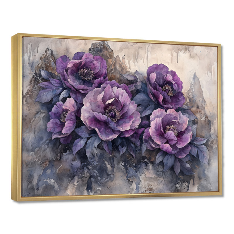 Lavande, pivoines sur le versant rocheux I - pivoines, art mural, H 12 po x l 20 po, Gold Picture Framed
