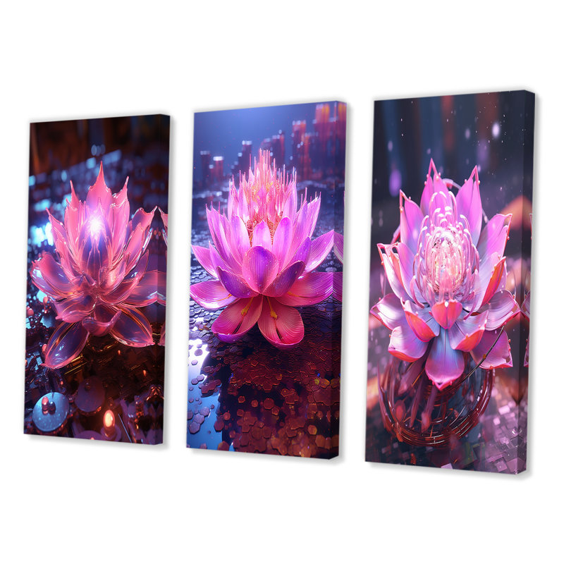 «Radiant Pink Blossoming Lotus Luminescent», 3 pièces sur toile, Toile tendue, H 40 po x l 60 po