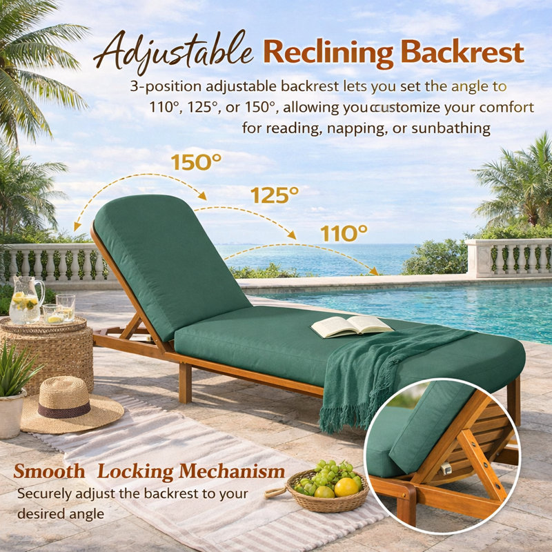 Outdoor Solid Acacia Wood Chaise Lounge, Cushion Included, Green