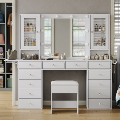 Vanity With Power Outlet, Makeup Desk With Mirror And 10 LED Lights, Vanity Desk With 12 Drawers And 2 Cabinets, Vanity Set With Fold-Up Panel, Glass Top Vanity Table With Chair For Bedroom