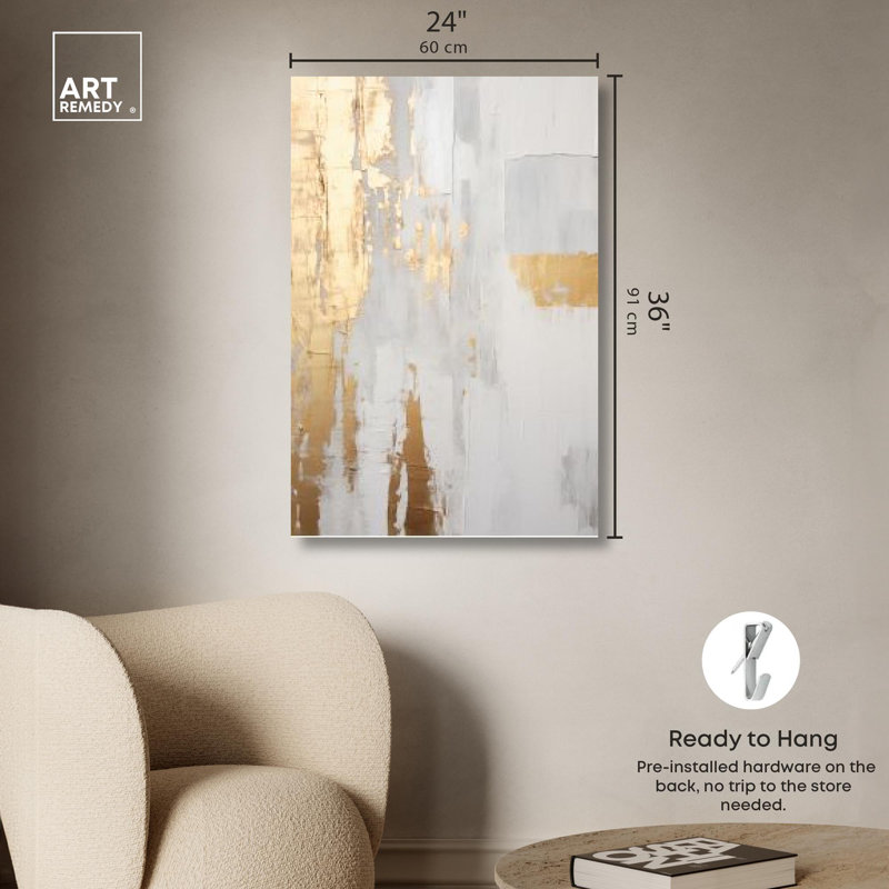 Elegant White and Gold Abstract Canvas Art, 36" x 24"