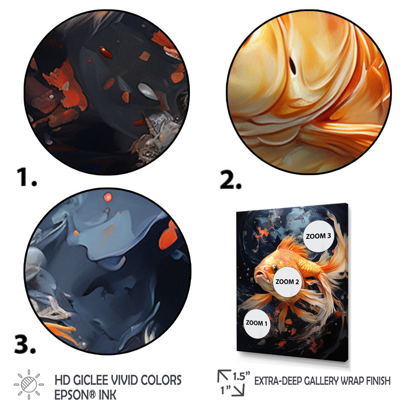 Asian Golden Carp Glowing II - reproduction d'art sur toile, H 32 po x l 16 po x P 1 po, Cadre photo noir simple