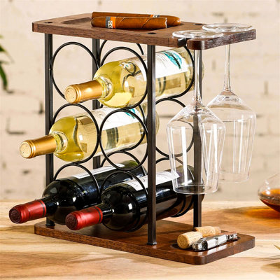 Collierville 6 Bottle Tabletop/Countertop Wine Bottle & Glass Rack in Brown