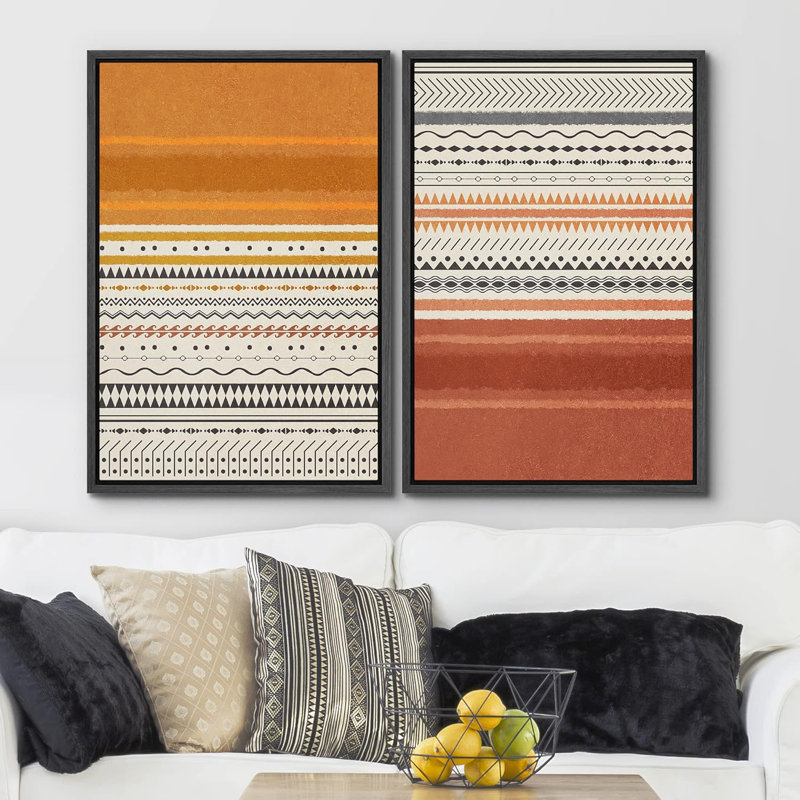 Motif géométrique géométrique du sud-ouest à motif géométrique de blocs de couleur rouille, formes abstraites, chic moderne sur toile, impression de 2 pièces