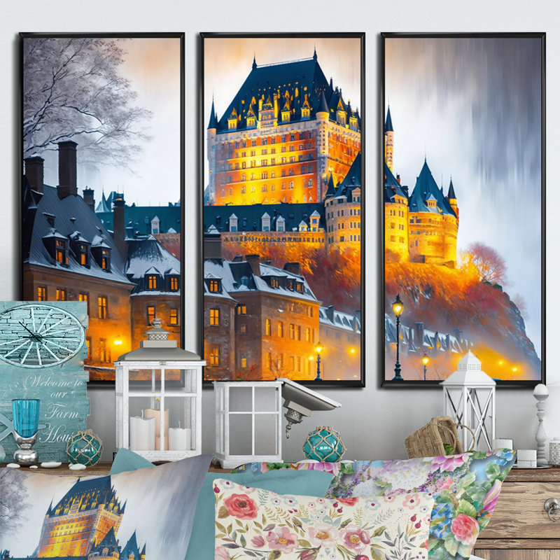 «Chateau Frontenac In Winter V», reproduction sur toile 3 pièces, H 32 po x l 48 po x P 1 po, Cadre noir