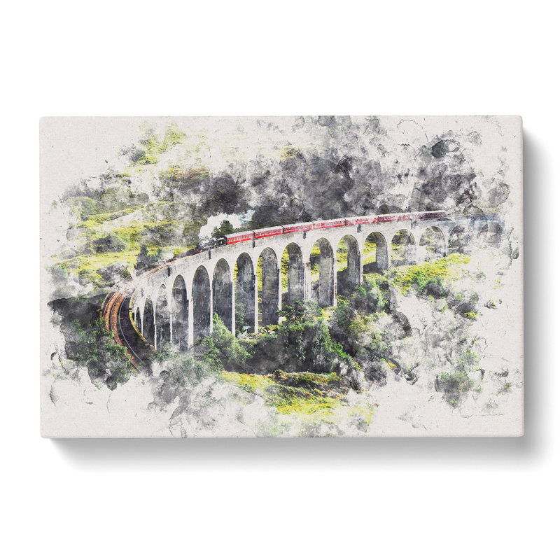 Steam Train In Scotland Abstract Watercolour - Wrapped Canvas Print, 45cm H x 76cm W x 4cm D